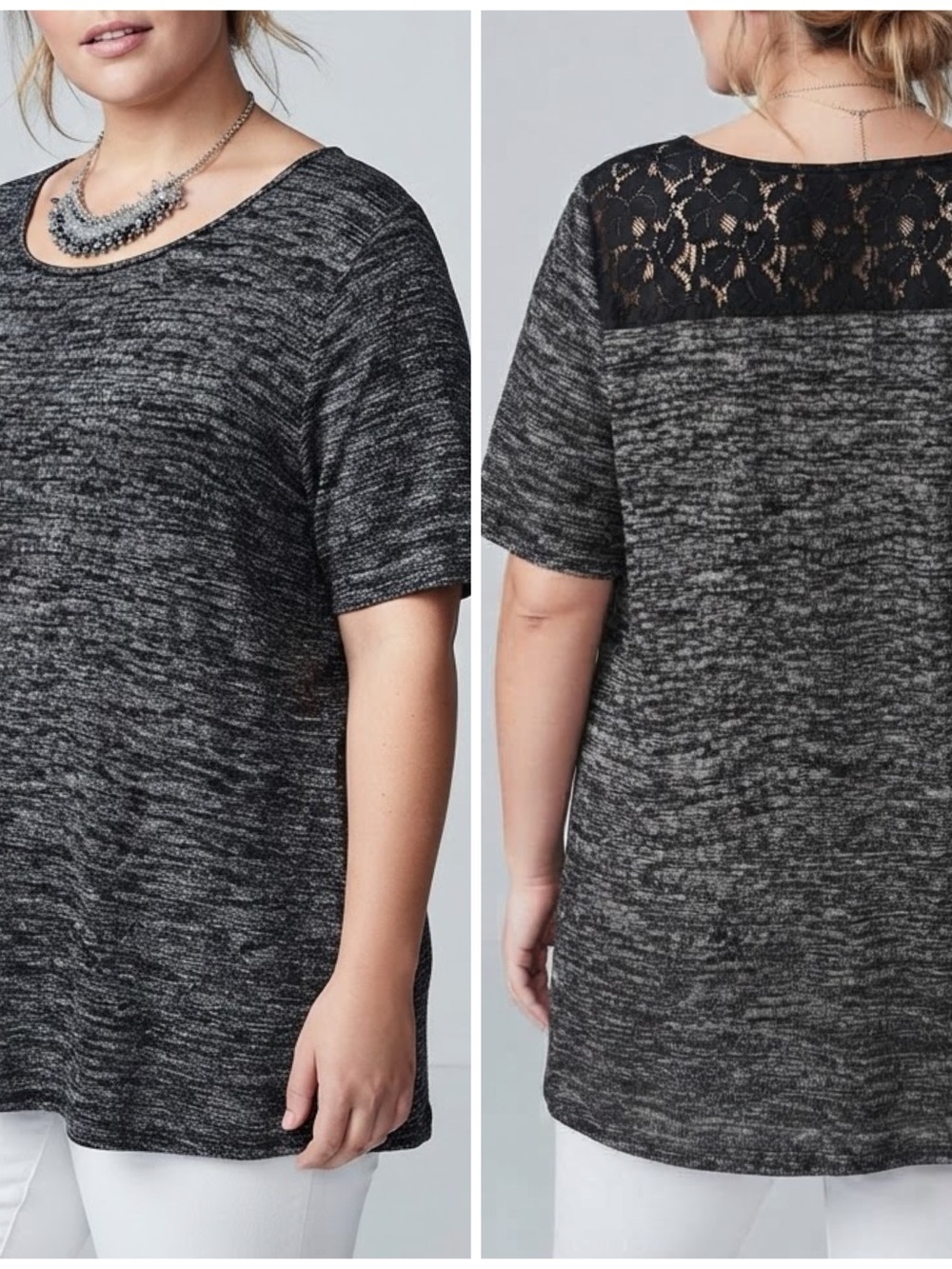 😍CLEARANCE Black Heather Short Sleeve Knit Top with Lace Yoke on Back 0X